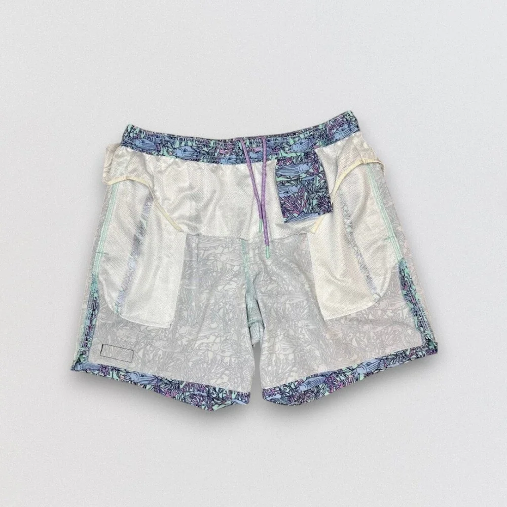 Men's Coral Reef Fish Print Swim Trunks L Beach Shorts Mesh Lined